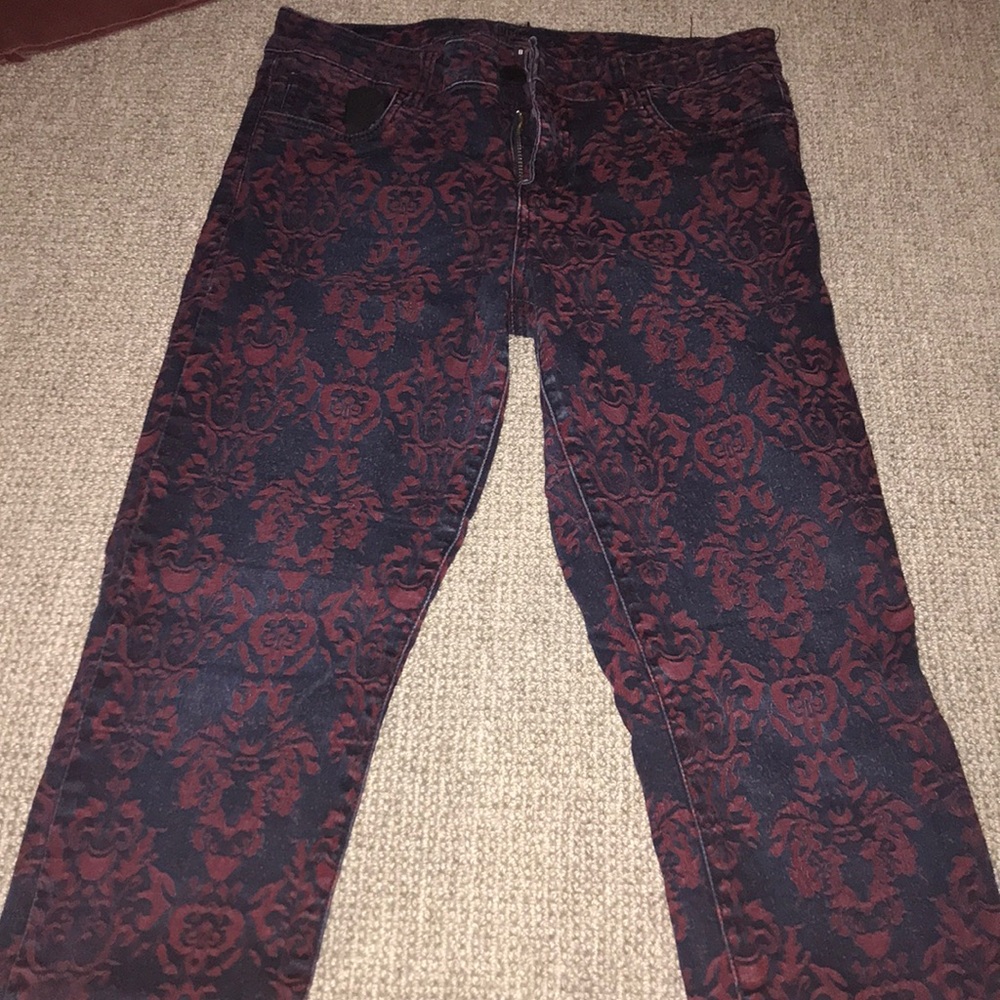 navy and maroon jeans
